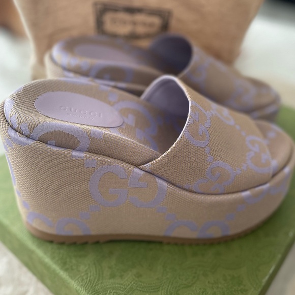 NIB Gucci Monogram Jumbo GG Platform Slide Wedge Sandals - Picture 3 of 7